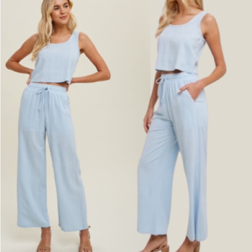 New Stylish Linen Blend 2 Piece Set - Cropped Tank Top  & Pants in Sky Blue